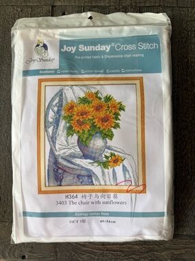 Chair w/ Sunflowers Pre-Printed Joy Sunday Cross Stitch Kit 11ct Aida - NEW
